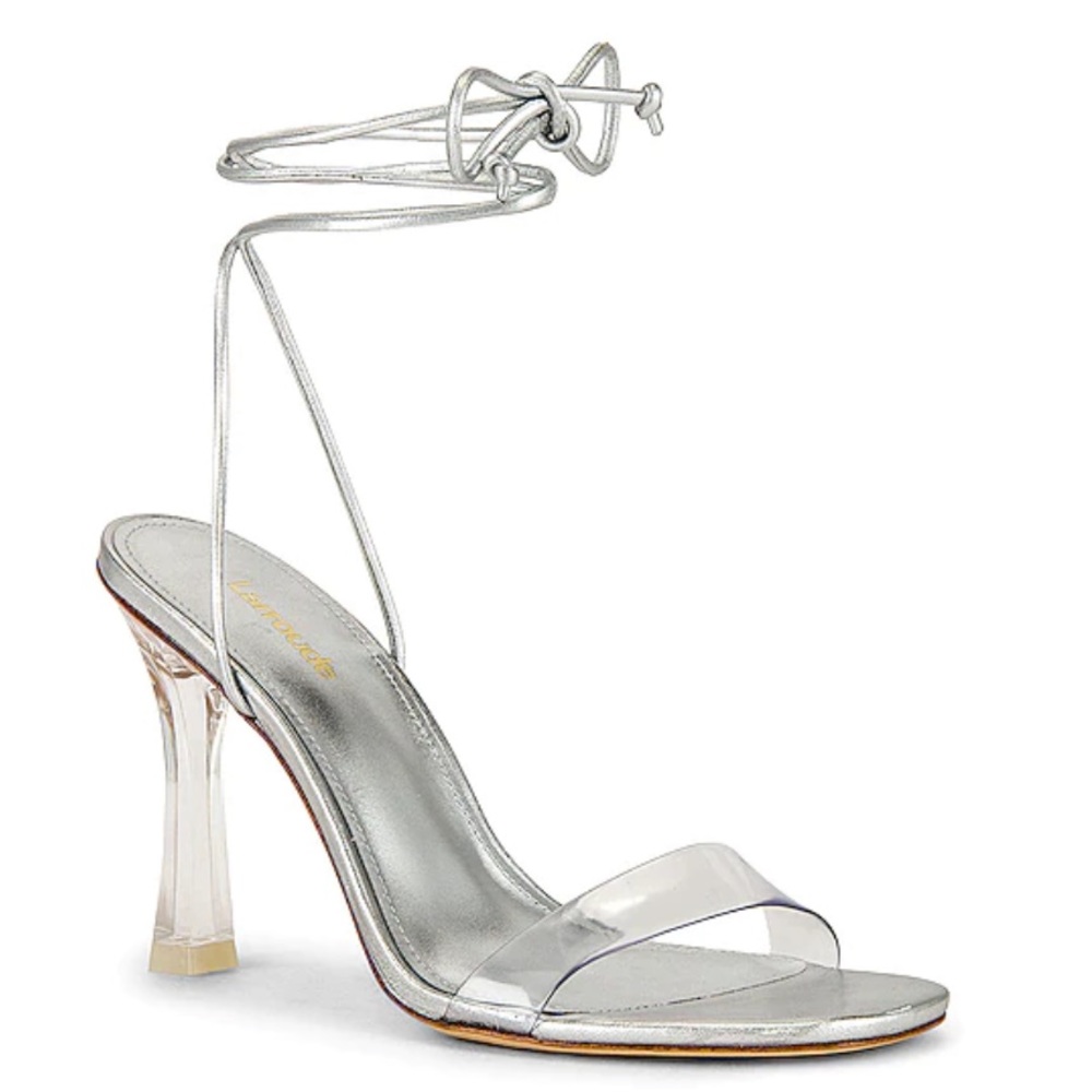 Larroude Gloria Sz 6 Leather Vinyl Sandals Stiletto Heel Lace Up Round Toe Tan